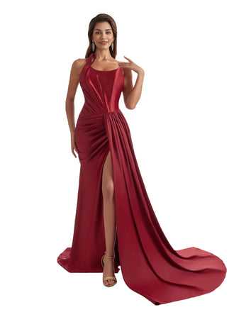 Sexy One Shoulder Mermaid Side Slit Soft Satin Unique Long Bridesmaid Dresses Online