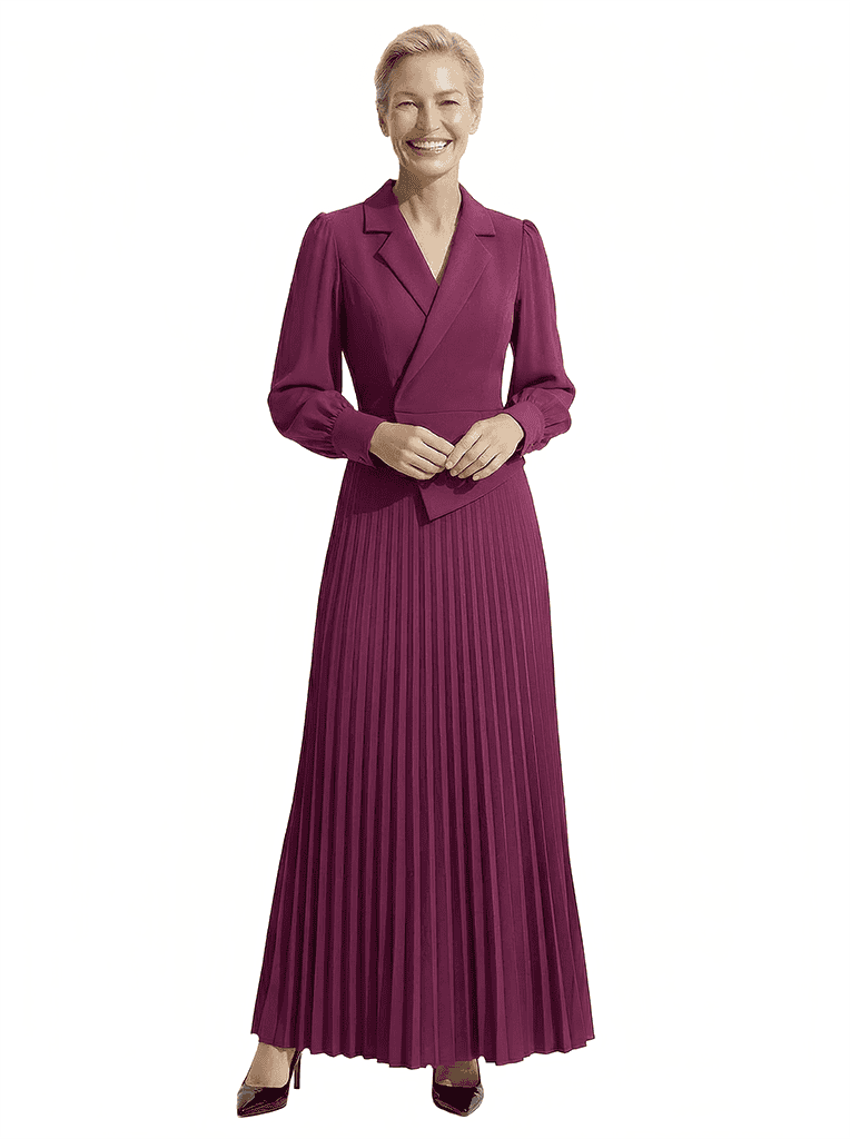 Chicsew Mother of The Bride Dress Blazer Neck Long Sleeve Pleated Crepe Maxi Gown Classy Elegant Design