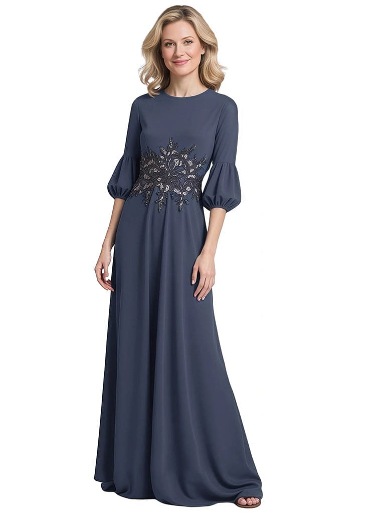 Elegant Satin Scoop 3/4 Sleeves A-line Long Mother Of The Bride Dresses