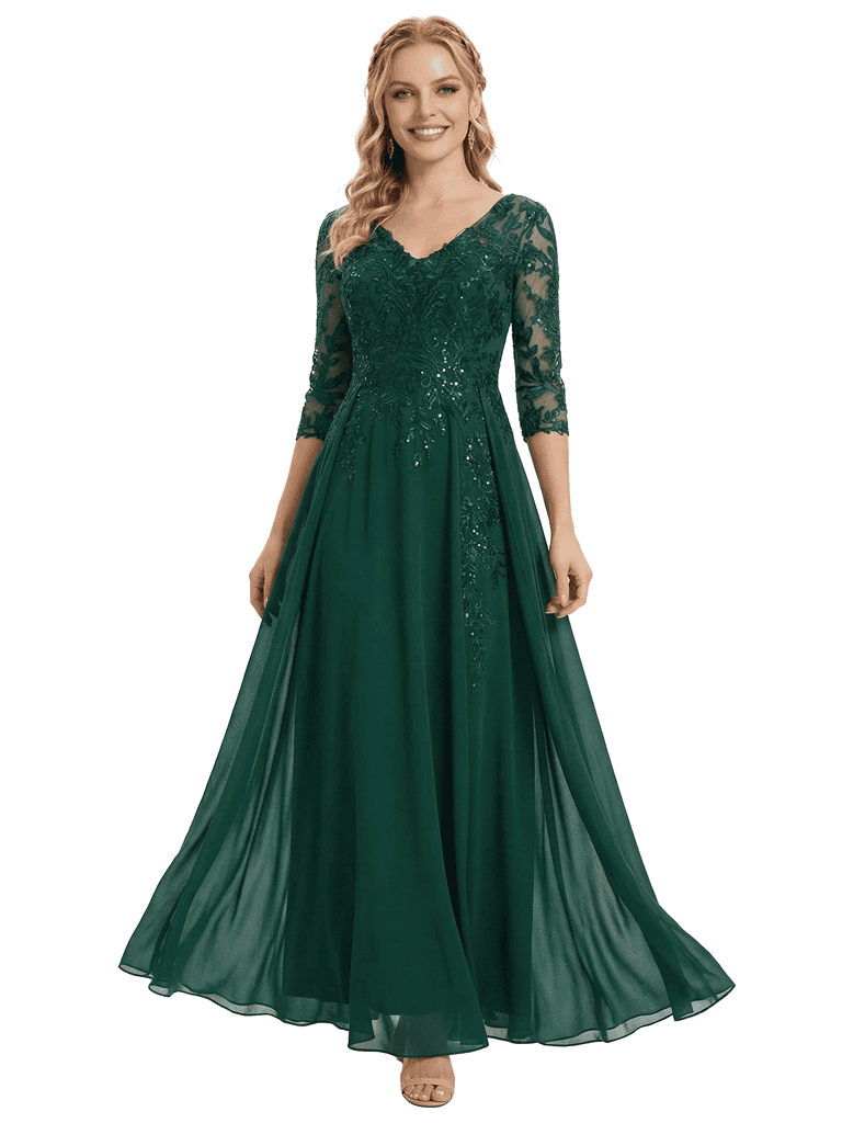 Chicsew Gorgeous Lace Embellished Mother of The Groom Dress 3/4 Sleeves Flowy Chiffon Long Classy Formal Gown