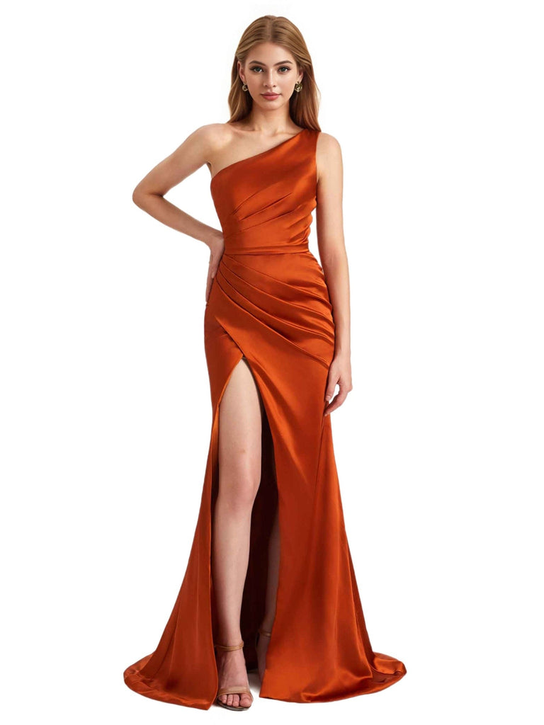 Sexy One Shoulder Silky Satin Side Split Mermaid Long Bridesmaid Dresses Online