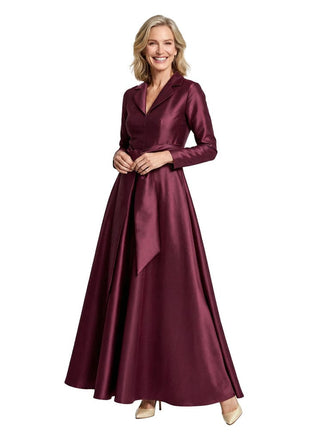 Classy V-Neck Long Sleeves Satin Mother of The Bride Dress With Sash Tie Waist