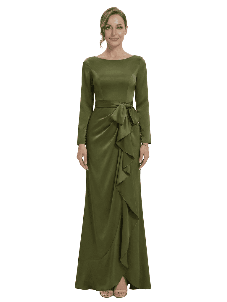 Chicsew Unique Jewel Long Sleeve Satin Mother of The Groom Dress Long A-Line Ruffle Bow Stylish Gown