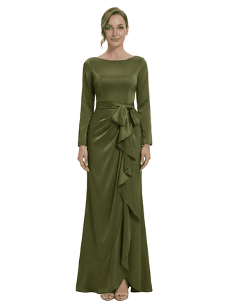Chicsew Unique Jewel Long Sleeve Satin Mother of The Groom Dress Long A-Line Ruffle Bow Stylish Gown