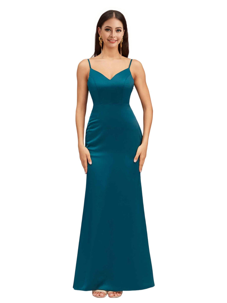 Sexy Mermaid Spaghetti Straps Open-Back Soft Satin Floor-Length Bridesmaid Dresses