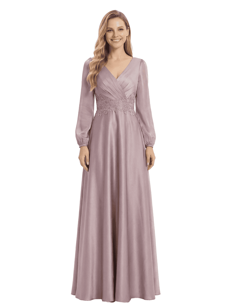 Chicsew Mother of The Groom Dresses V-Neck Long Sleeve Satin Maxi Gown Pretty Lace Detailed Formal Bridal Event Dress