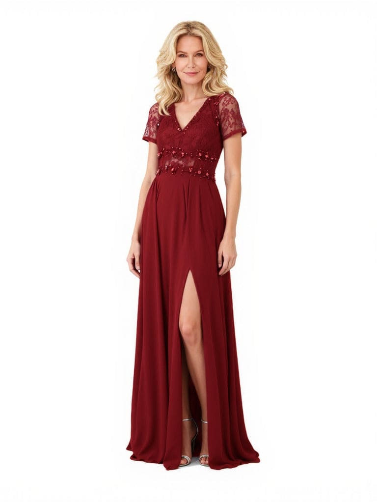 Elegant Chiffon V-Neck A-Line Short Sleeves Lace Beaded Long Mother of The Bride Dresses Slit