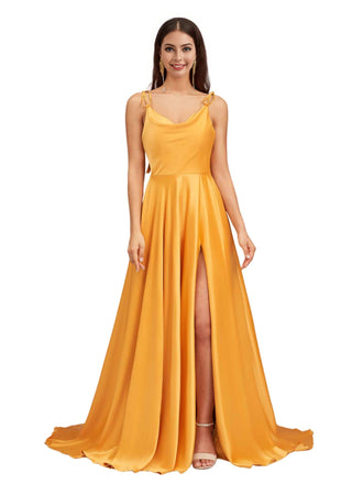Sexy Side Slit Spaghetti Straps A-Line Soft Satin Pretty Long Bridesmaid Dresses