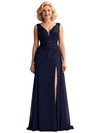 Elegant Sleeveless V-Neck Lace Applique Chiffon A-line Long Mother of The Bride Dresses Side Slit