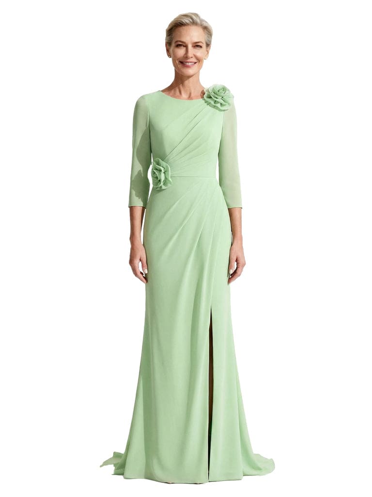 Elegant Boat Neck Long Sleeves Mother Of The Bride Gown With Rosette Detail