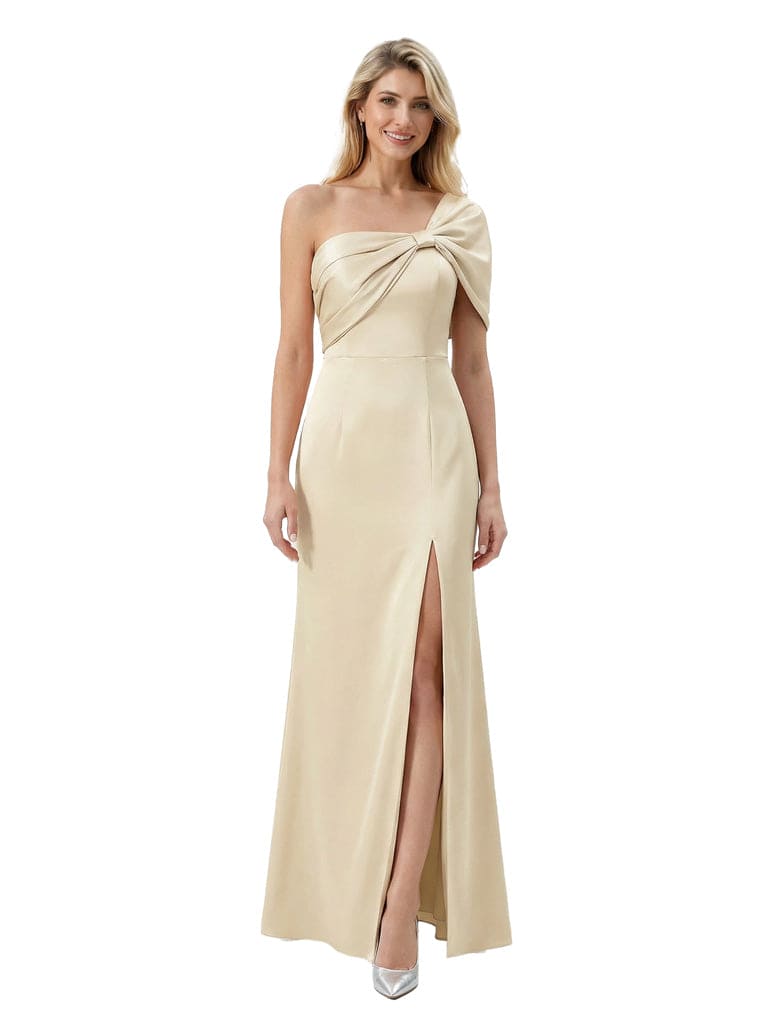 Elegant One Shoulder Satin Mother Of The Bride Dress Sheath Maxi Gown Side Slit