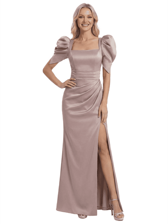 Chicsew Square Puff Sleeves Side Slit Satin Mermaid Mother Of The Bride Dresses
