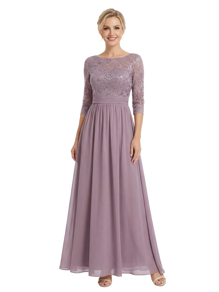 Pretty Scoop 3/4 Sleeve Sequin Lace Chiffon Long Mother of The Groom Dresses