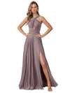 Unique A-line Halter Side Slit Chiffon Floor-Length Bridesmaid Dresses