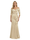 Off The Shoulder Ruffles Satin Mother Of The Groom Dress 3/4 Sleeves Mermaid Maxi Gown