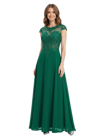 Elegant A-Line Illusion Cap Sleeves Lace Chiffon Long Mother Of The Bride Dresses