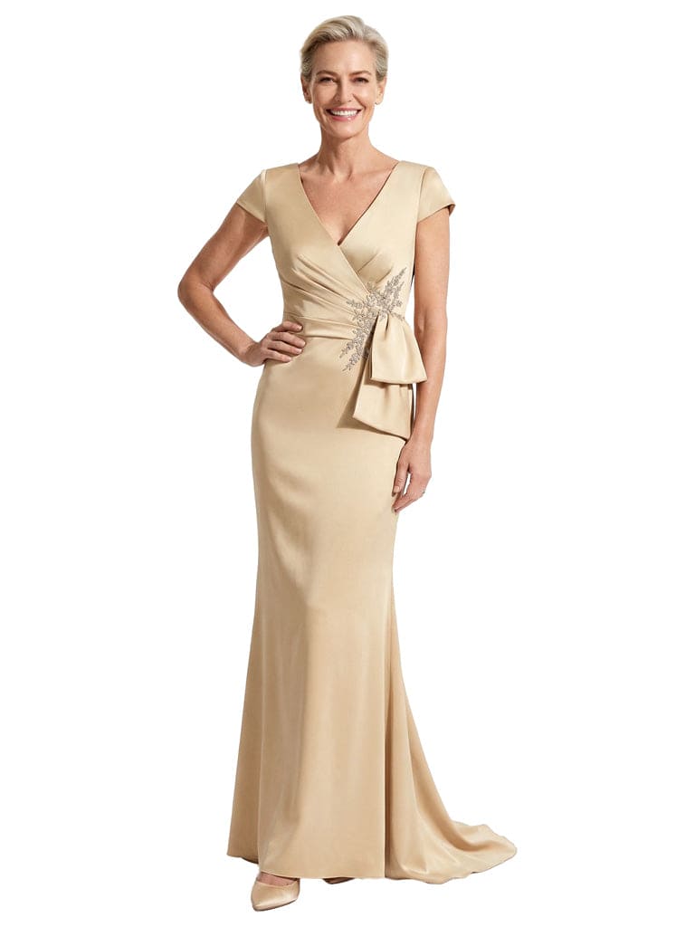 Elegant V-Neck Satin Mother of The Groom Dress Cap Sleeves Mermaid Maxi Gown