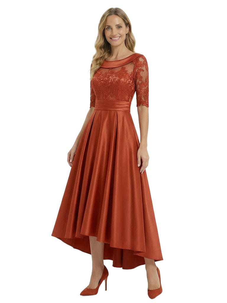 Elegant Mother of The Bride Satin Gown Boat Neck Half Lace Sleeve High Low Hem Formal Wedding Dress for Moms