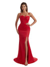 Modern Spaghetti Straps Side Split Mermaid Silky Satin Long Bridesmaid Dresses Online