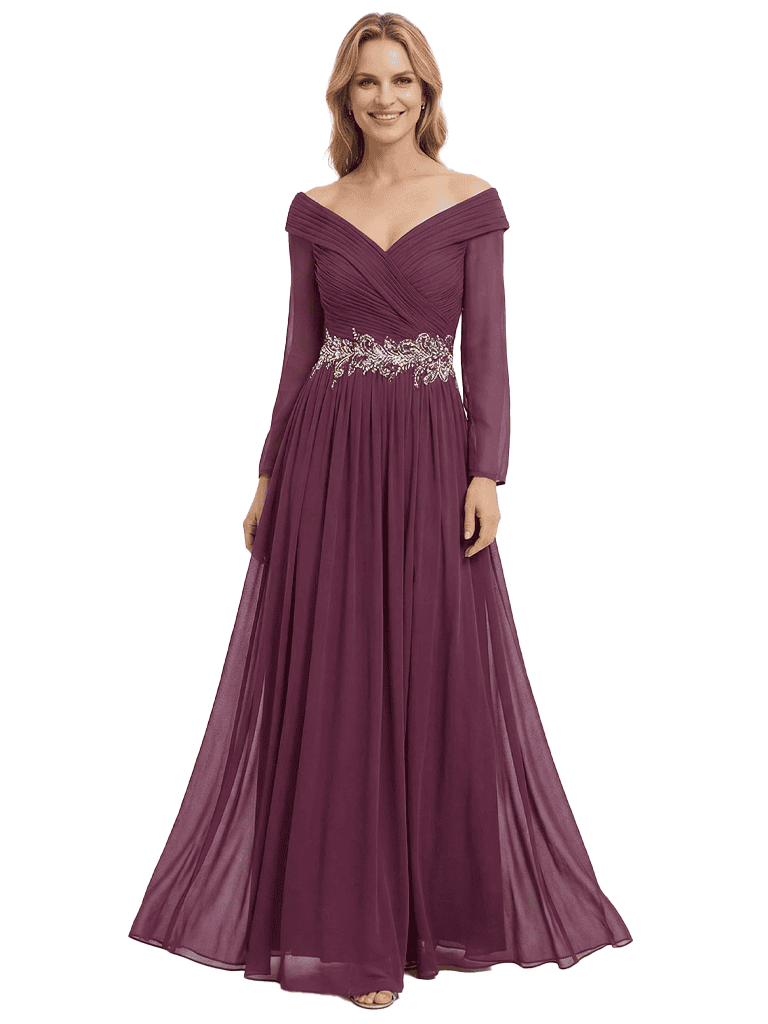 Chicsew V-Neck Long Sleeves Mother Of The Bride Dress Ruched Chiffon A-Line Gown
