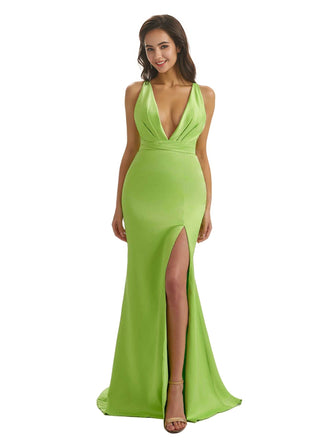 Sexy V-Neck Mermaid Satin Unique Long Bridesmaid Dresses Slit