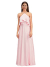 Elegant Halter Spaghetti Straps Soft Satin A-Line Long Bridesmaid Dresses