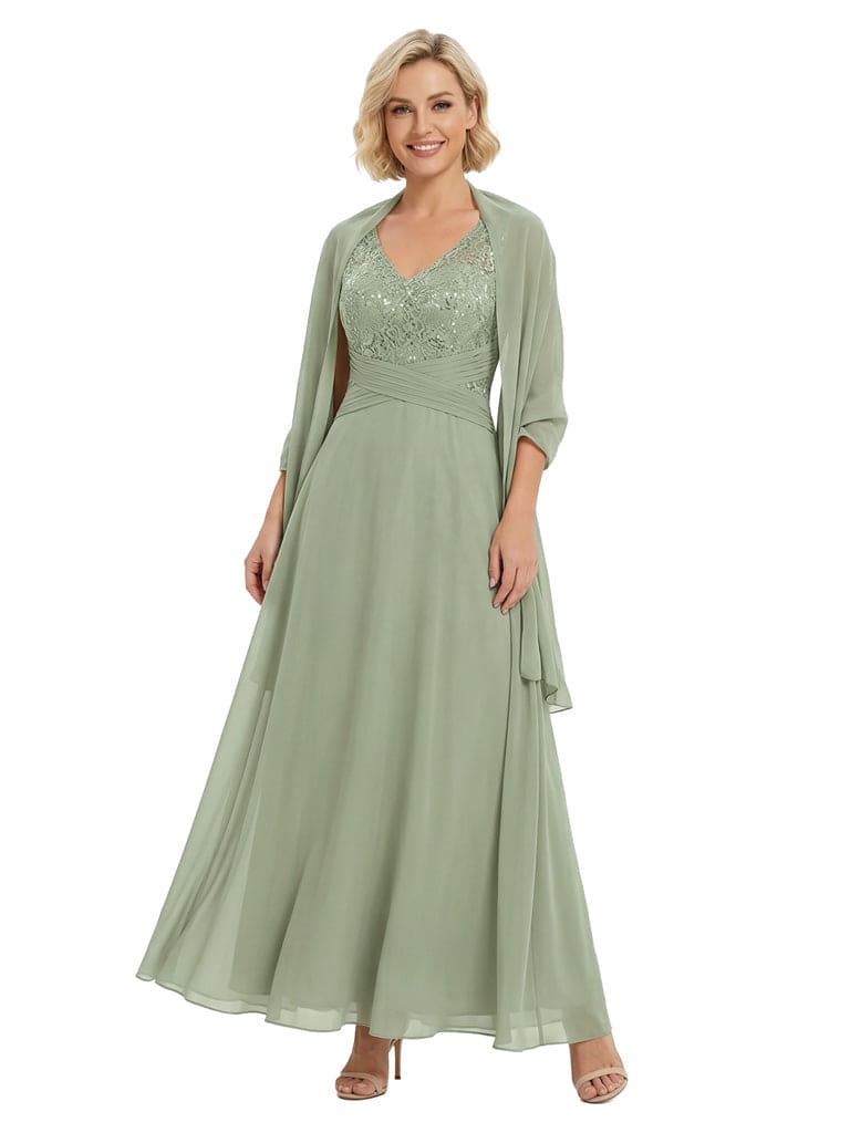 Classy Mother of The Groom Dress V-Neck Lace Applique Chiffon Long Flowy Evening Gown