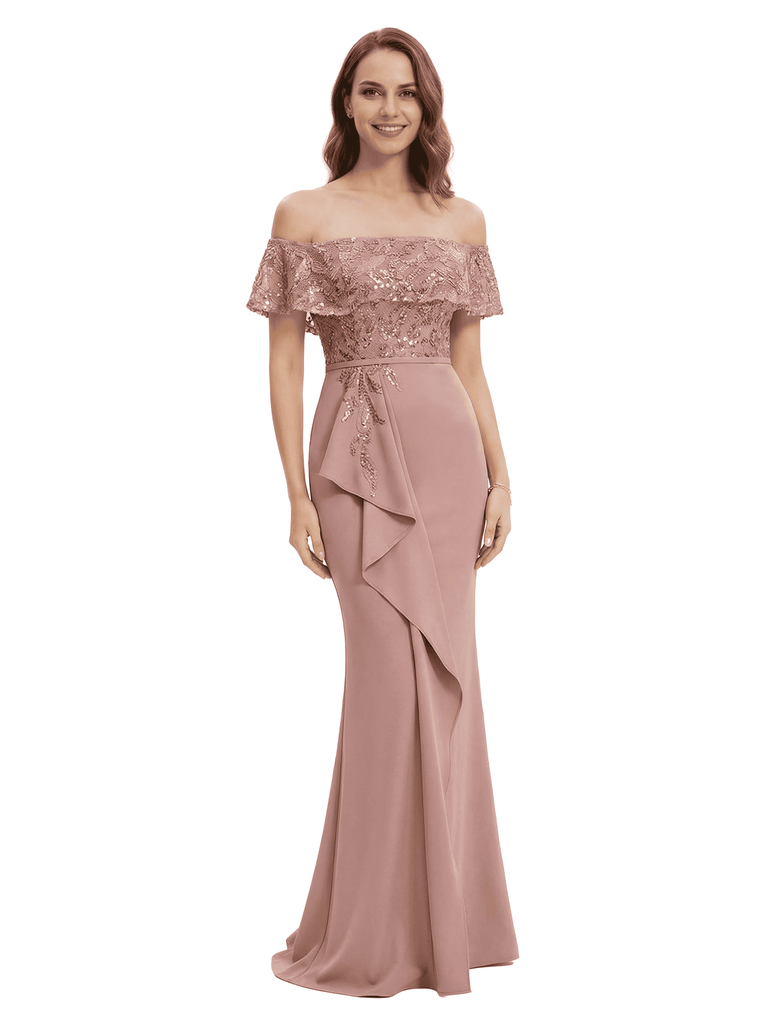 Chicsew Fancy Chiffon Off Shoulder Mother of The Bride Dress Mermaid Sequin Lace Maxi Gown