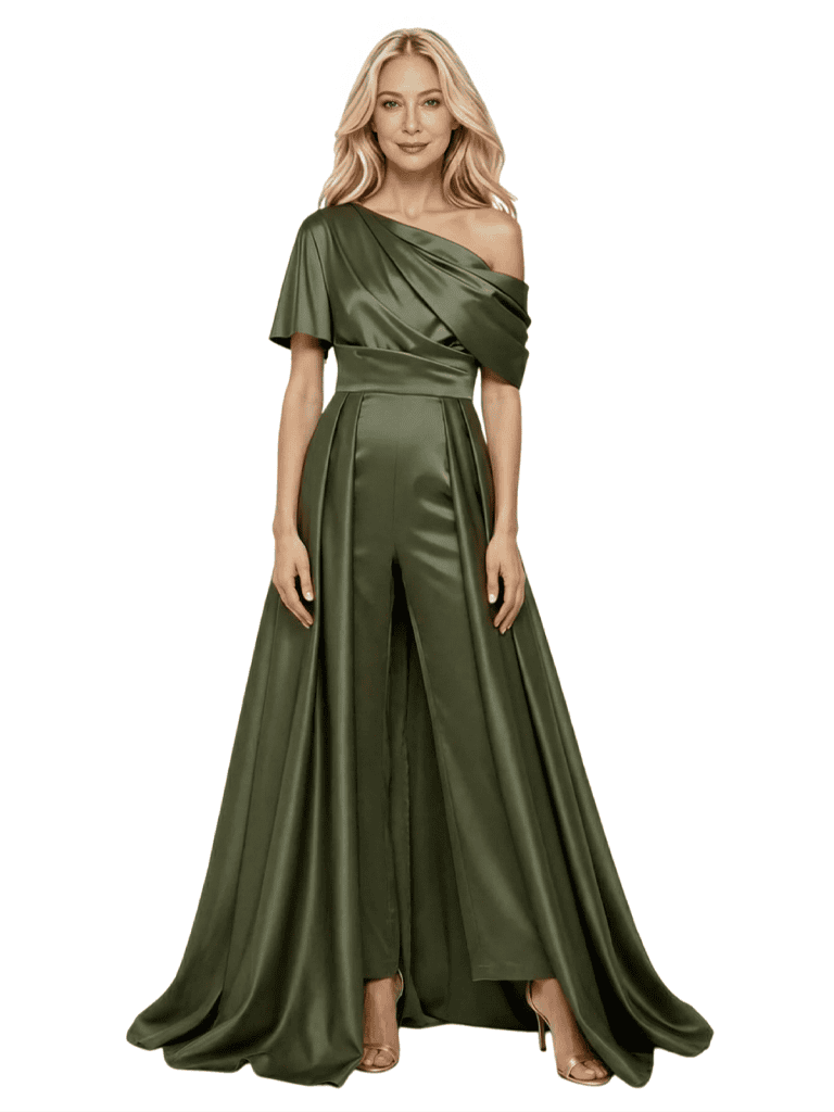 Elegant Asymmetric Straps Satin Pantsuit For Mother Of The Bride Overskirt