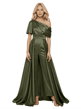 Elegant Asymmetric Straps Satin Pantsuit For Mother Of The Bride Overskirt