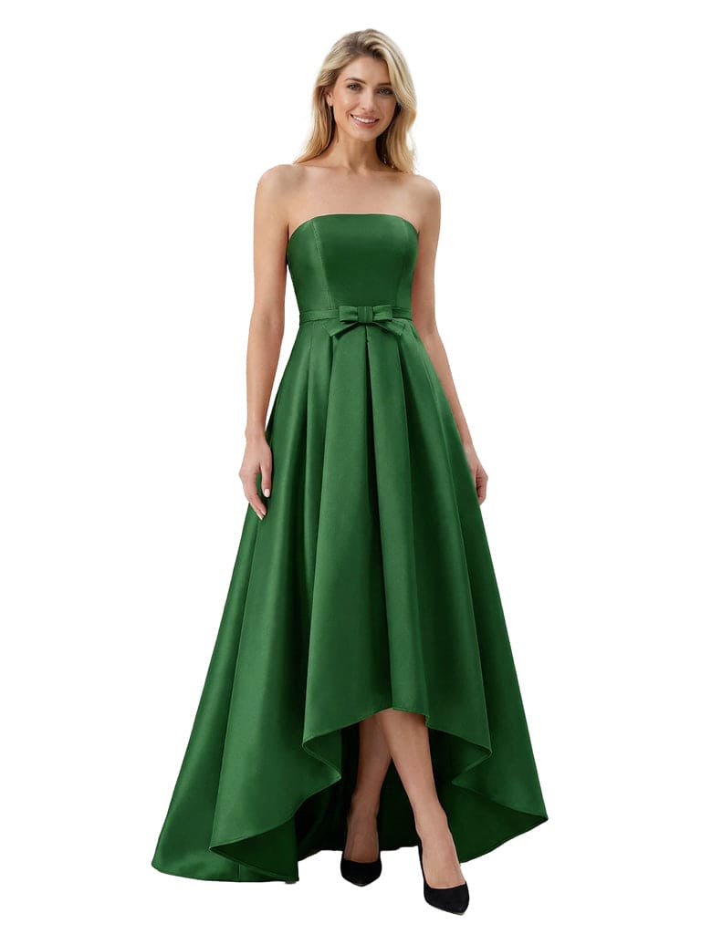 Fancy Strapless High Low Satin Mother Of The Bride Dress Bow Knot A-Line Gown