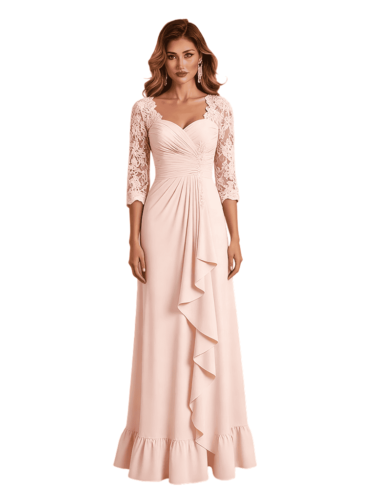 Elegant Lace Long Sleeve Ruffle Chiffon A-Line Long Mother of The Bride Dresses