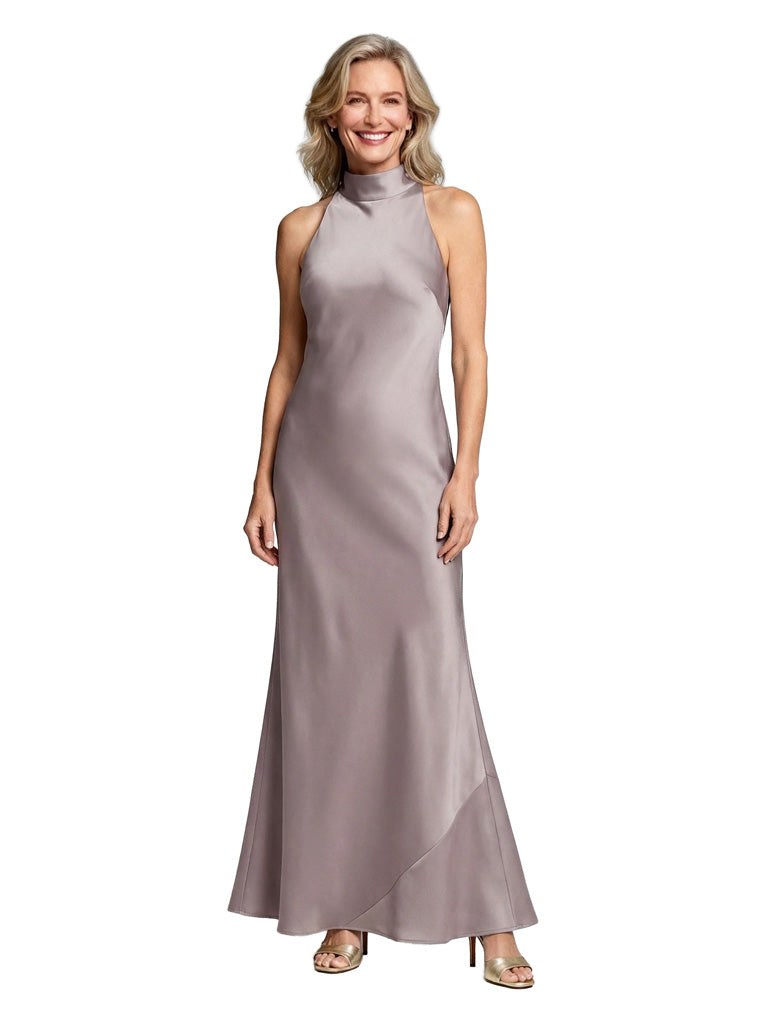 Chic Halter Sleeveless Satin Mother of The Groom Dress Floor-Length Mermaid Gown