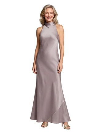 Chic Halter Sleeveless Satin Mother of The Groom Dress Floor-Length Mermaid Gown