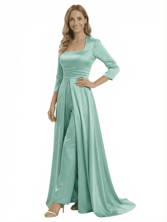 Chicsew Mother of The Groom Pantsuit Overskirt Stylish Square Long Sleeves Satin Long Gown
