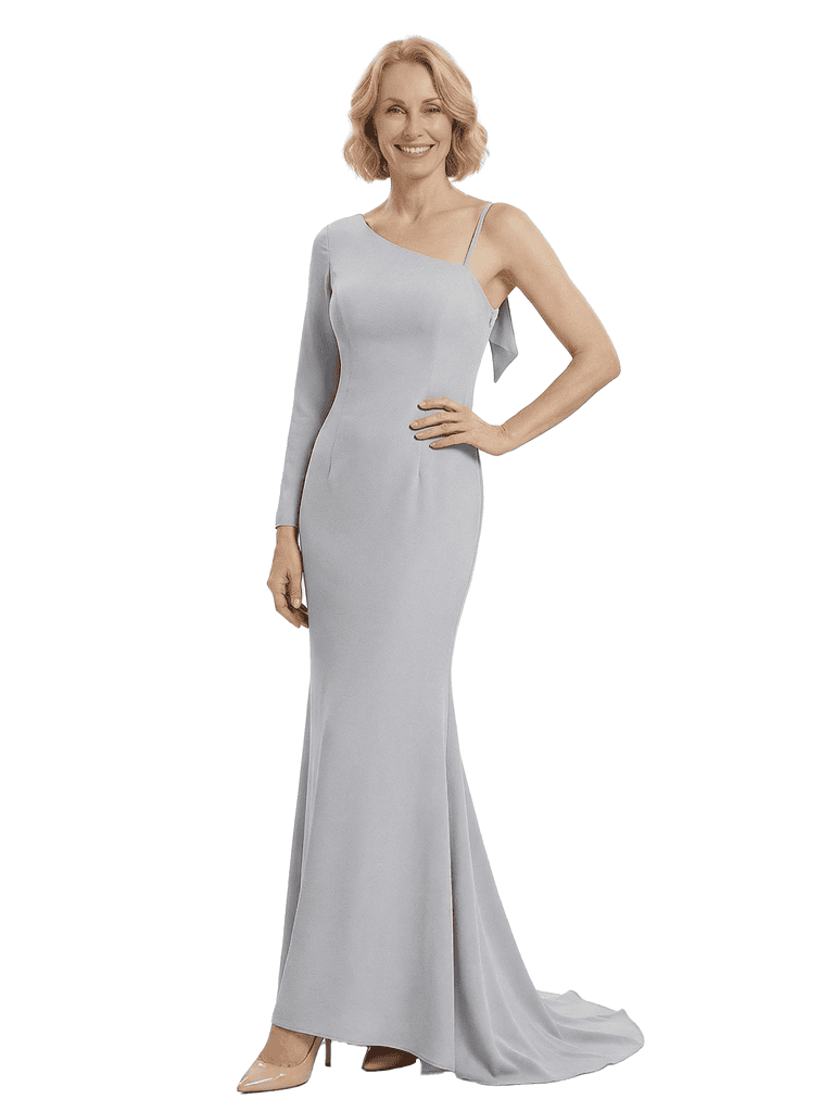 Chicsew Stylish Mother of The Bride Dress Asymmetrical Long Sleeve Fitted Mermaid Train Satin Fabric Modern Graceful Formal Wedding Celebration Gown