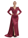 Chicsew Modern V-Neck Long Sleeves Side Slit Rhinestone Satin Mermaid Mother Of The Bride Dresses