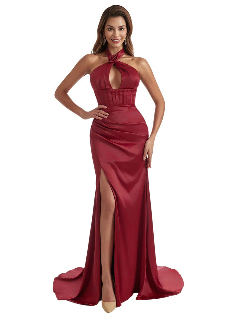 Elegant Halter Mermaid Ruched Satin Boho Chic Long Bridesmaid Dresses Slit