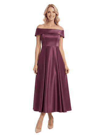Chicsew Elegant Off Shoulder Tea-Length Satin A-Line Mother Of The Bride Dresses