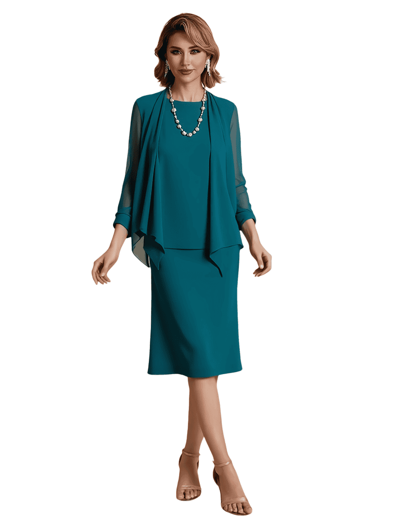 Elegant Two Pieces Chiffon Long Sleeves Knee Length Mother Of The Bride Dress And Jacket