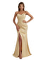 Gorgeous Strapless Mermaid Pleated Silky Satin Long Bridesmaid Dresses Slit Sweetheart