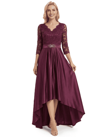 Chicsew Elegant Mother Of The Bride Dress V-Neck 3/4 Sleeve Lace Satin High-Low Gown