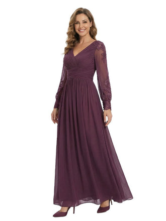 Classy V-Neck Long Sleeves A-Line Lace Appliques Chiffon Mother Of The Bride Dress