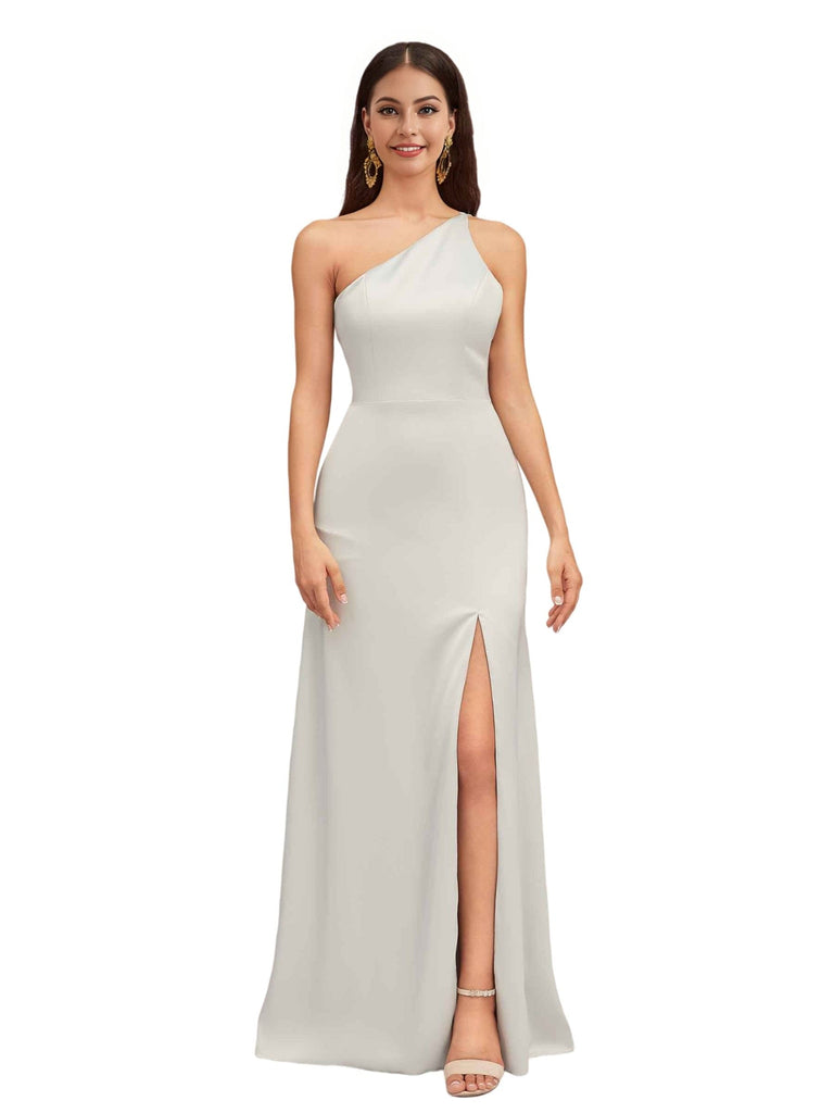 Elegant One Shoulder A-Line Side Slit Soft Satin Long Bridesmaid Dresses