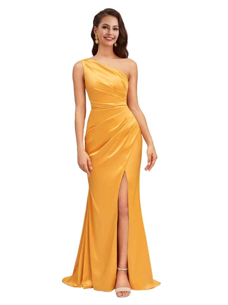 Sexy Mermaid One Shoulder Side Slit Beauty Long Soft Satin Bridesmaid Dresses Online