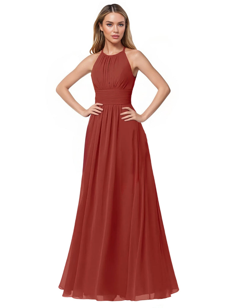 Simple Halter A-line Chiffon Floor Length Bridesmaid Dresses