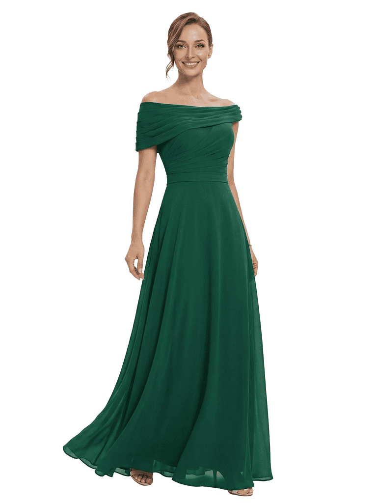Chicsew Stylish Off Shoulder Chiffon Mother of The Bride Dress Flowy Long Elegant Formal Gown