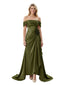 Off The Shoulder Ruching Satin Mother Of The Groom Dress Mermaid Maxi Gown With Floral Accent Train
