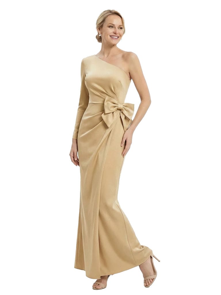 Stylish One Shoulder Long Sleeve Satin Gown With Unique Bow-Accented Formal Mother of The Bride Dresses