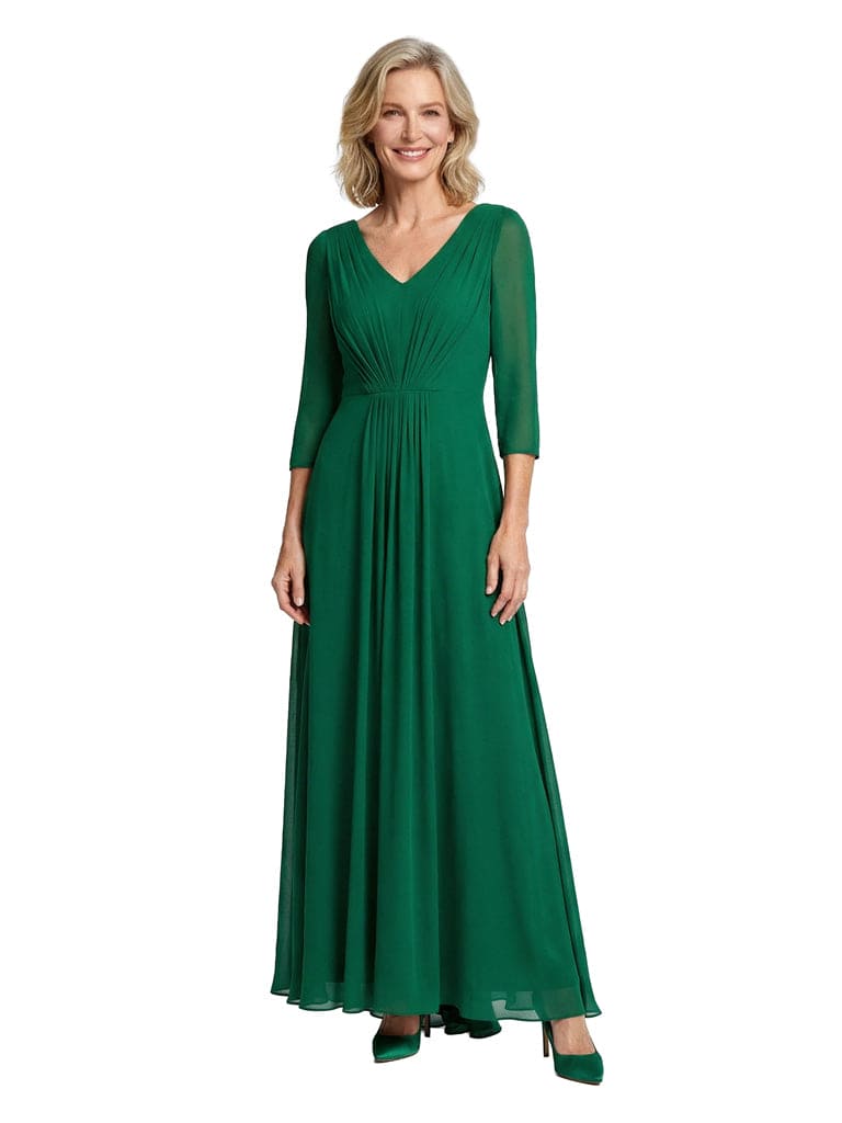 V-Neck A-Line Mother Of The Bride Dress 3/4 Sleeves Maxi Gown Formal Wedding Attire
